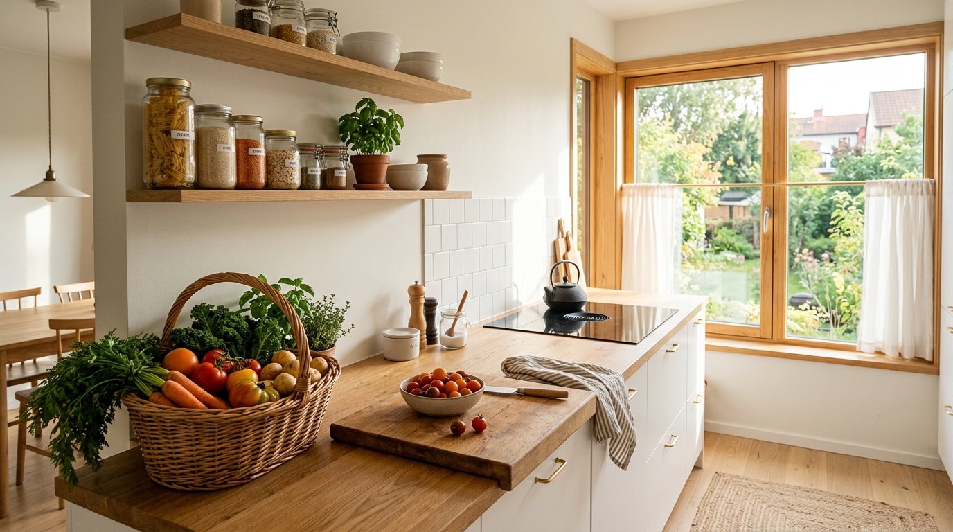 Gemütliche Küche mit Holzbrett, Korb und frischem Gemüse