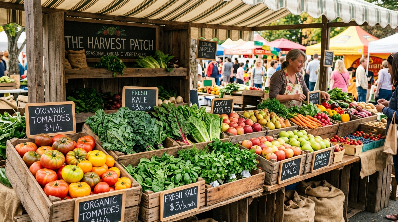 Bunter Bauernmarkt mit Gemüse und Obst
