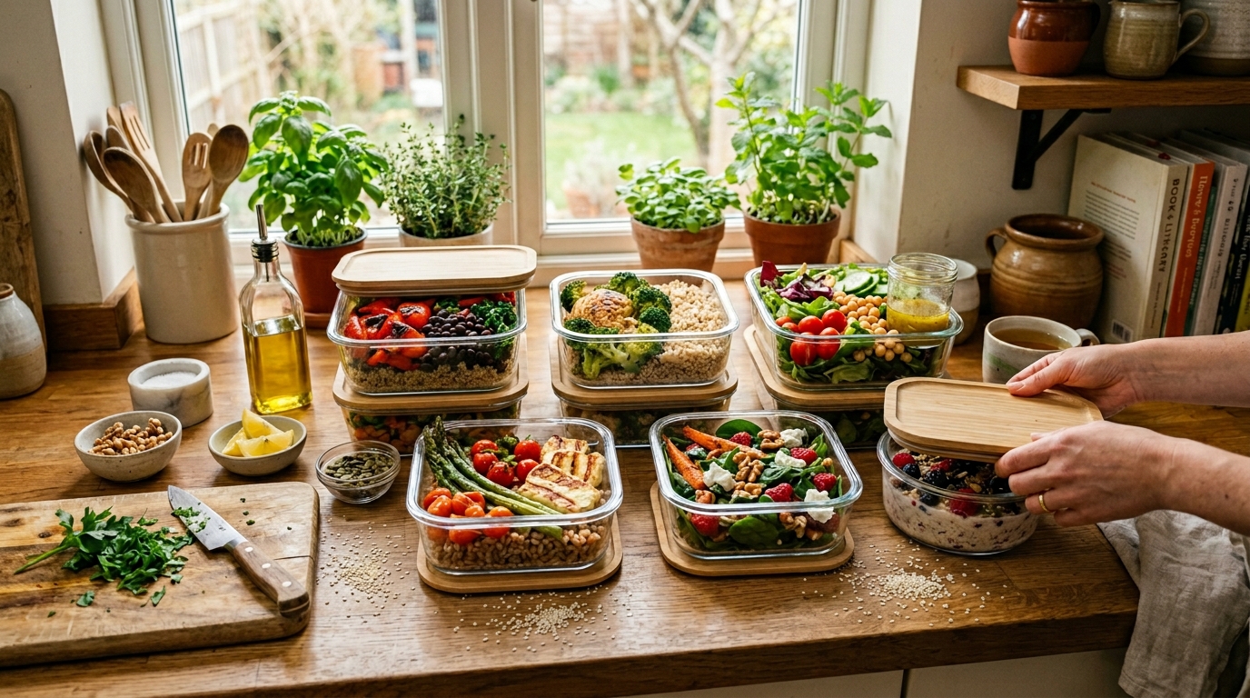 Sonntag-Meal-Prep mit bunten Schüsseln und frischem Gemüse